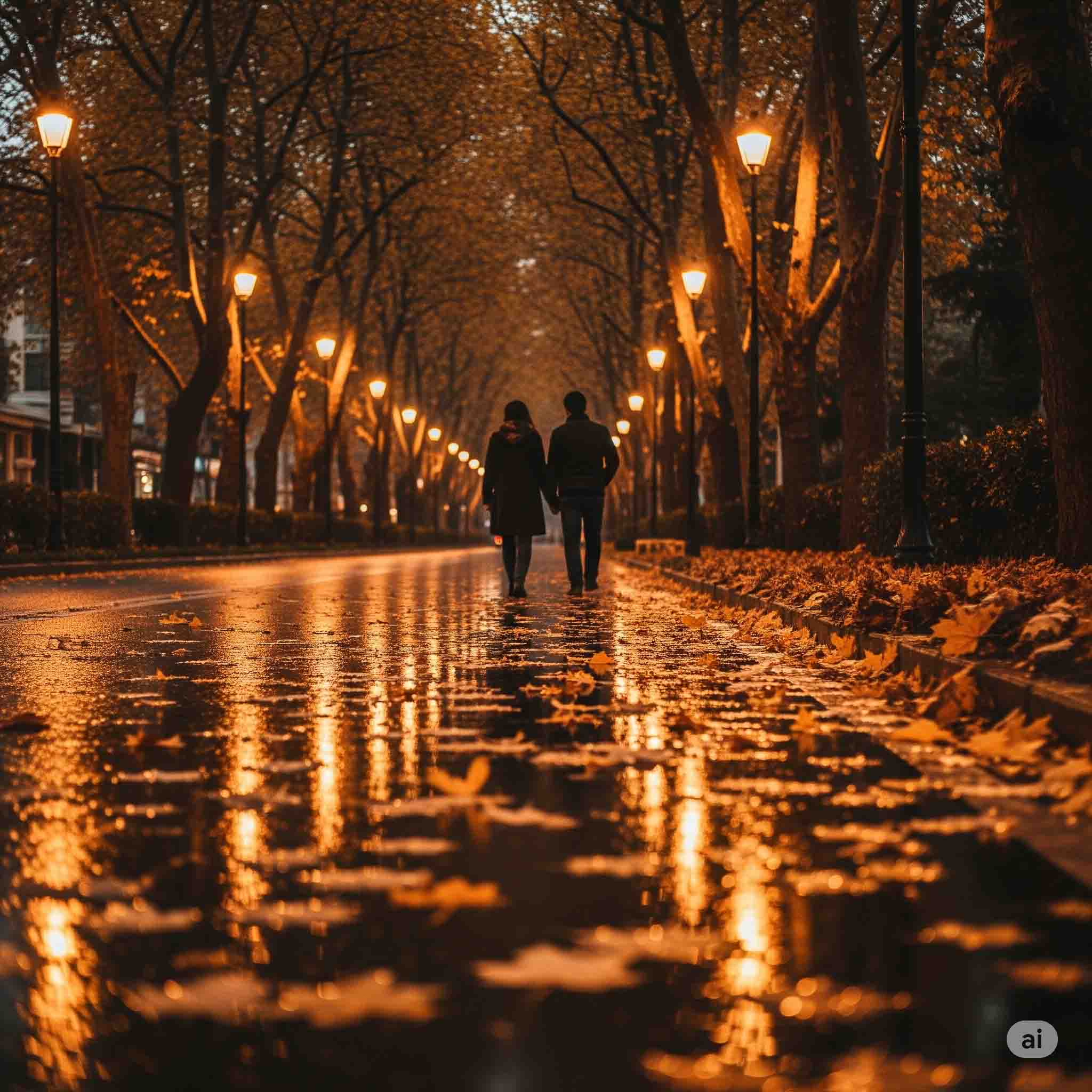 یک زوج در حال قدم زدن در خیابان پاییزی و بارانی ولیعصر تهران در شب، با انعکاس نور چراغ‌ها