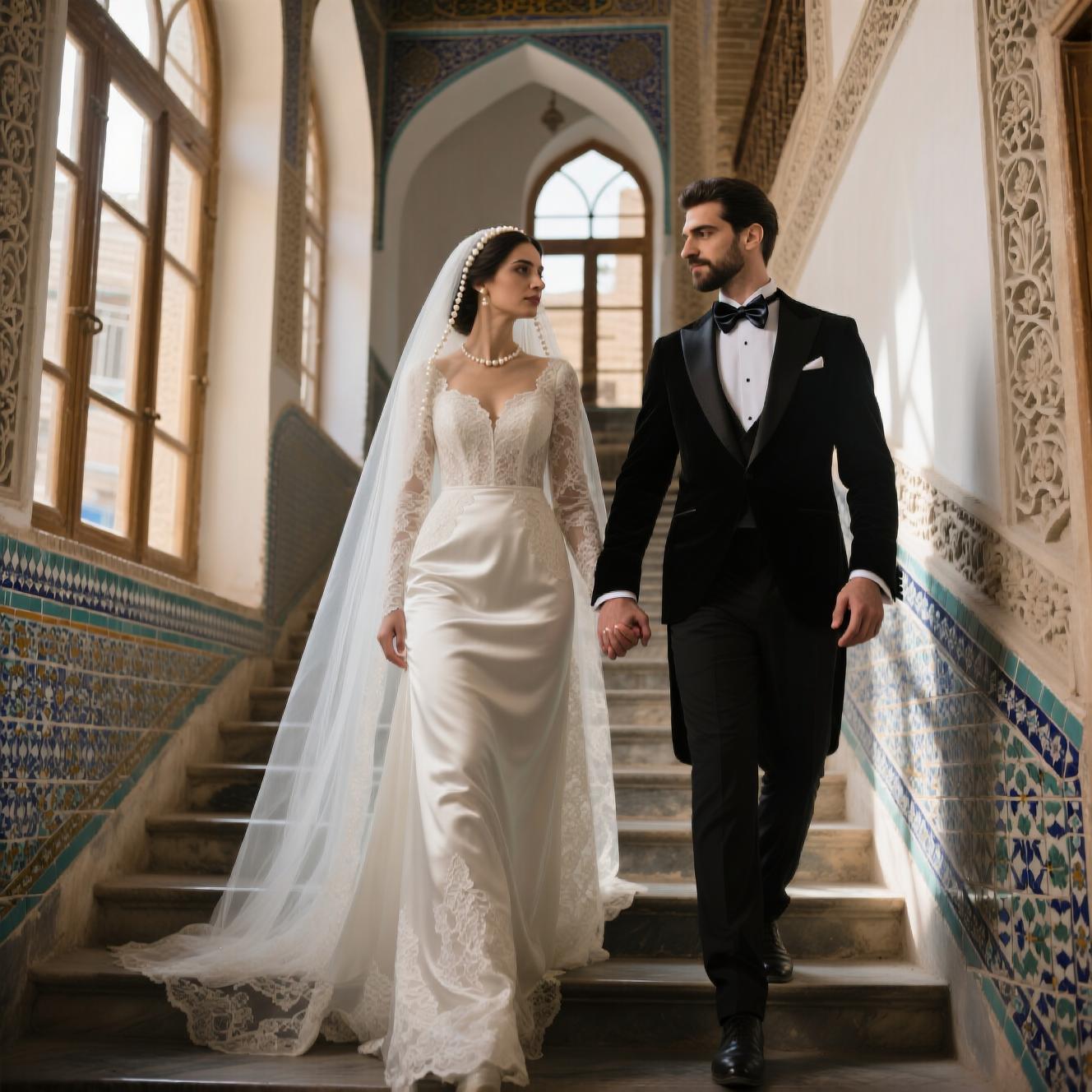 عروس و داماد در عمارت تاریخی ولیعصر تهران با معماری اصیل ایرانی و نور ملایم عصرگاهی