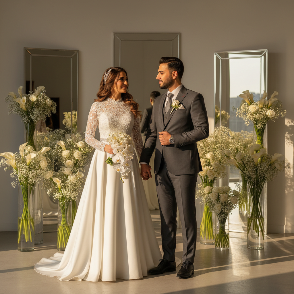 ژست ایستاده عروس و داماد در محضر با لباس سفید و کت و شلوار شیک