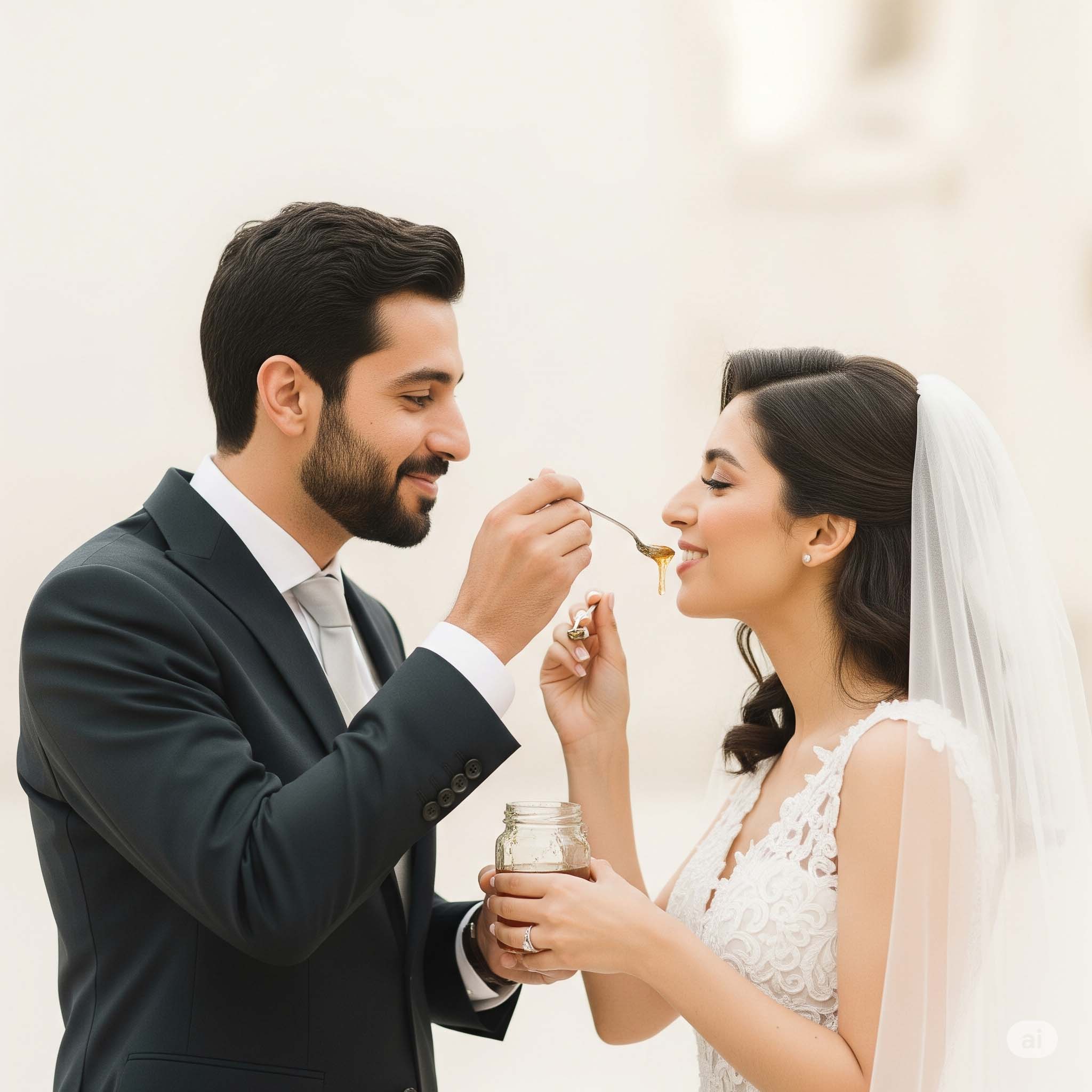 عکس مینیمال و شاد از یک زوج ایرانی در حال تعارف کردن عسل به یکدیگر با پس‌زمینه‌ای ساده