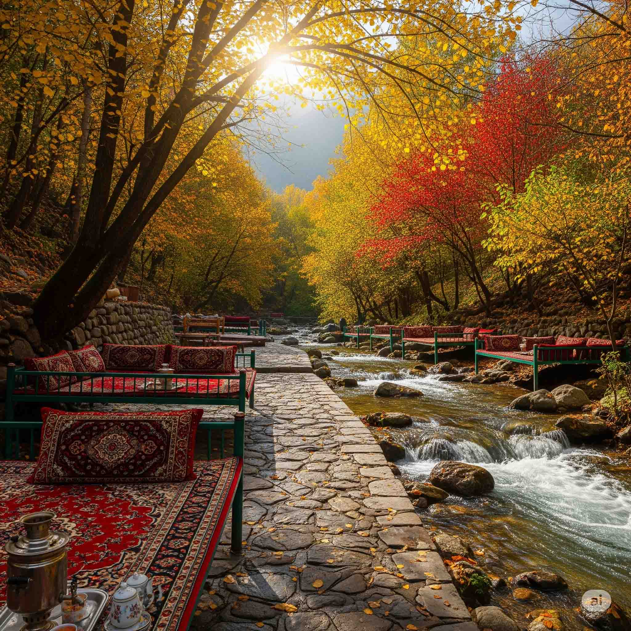 مسیر سنگفرش شده دربند در کنار رودخانه با تخت‌های سنتی رستوران و درختان رنگارنگ پاییزی