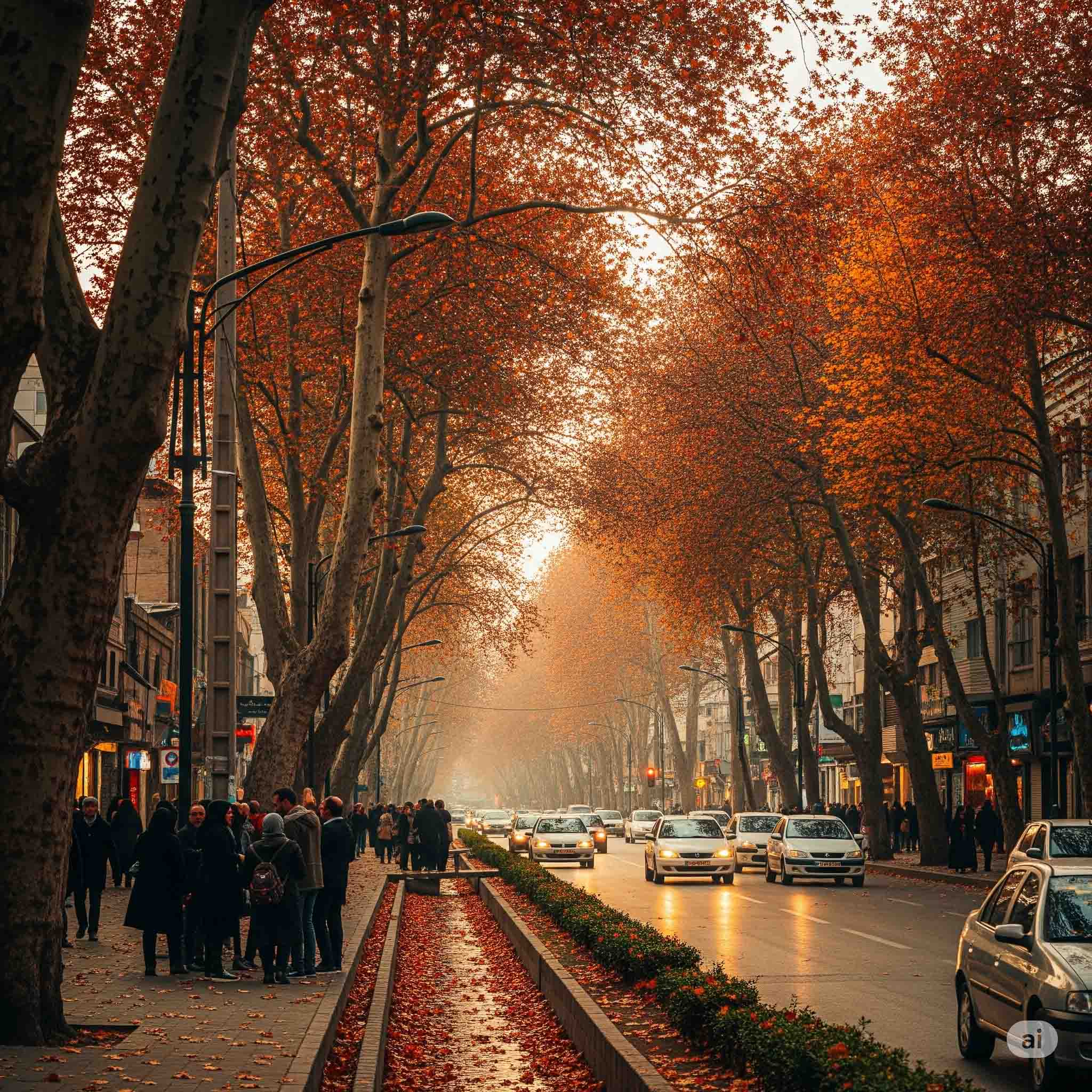 خیابان ولیعصر تهران در پاییز با درختان چنار بلند و برگ‌های نارنجی ریخته شده در جوی آب