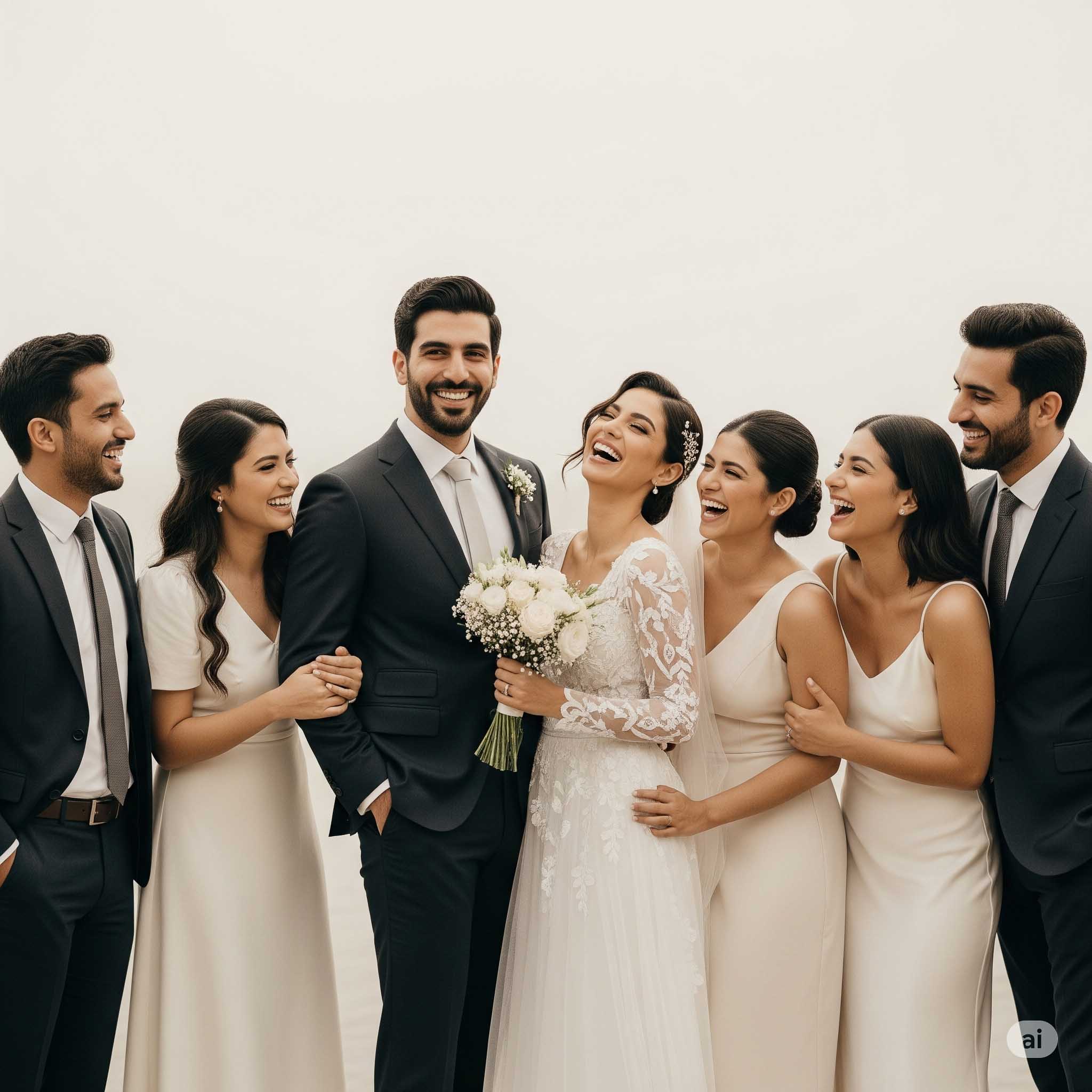 یک عکس گروهی شاد و مینیمال از یک زوج به همراه دوستان صمیمی‌شان در حال خندیدن