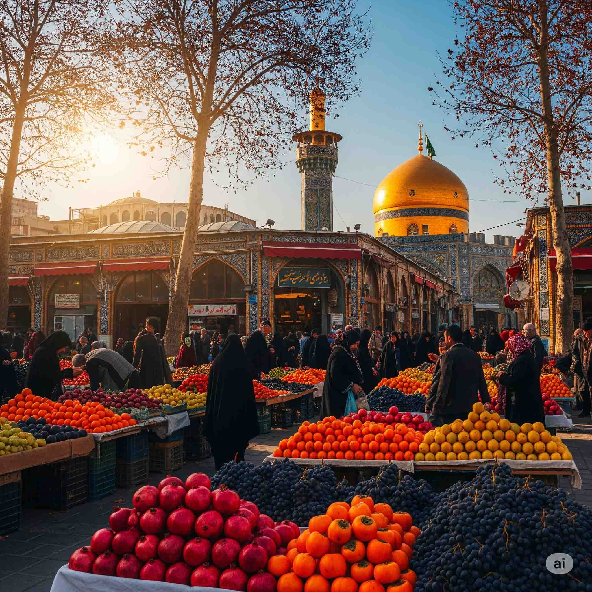بازار میوه تجریش در پاییز با انار و خرمالوهای فراوان و گنبد طلایی امامزاده صالح در پس‌زمینه