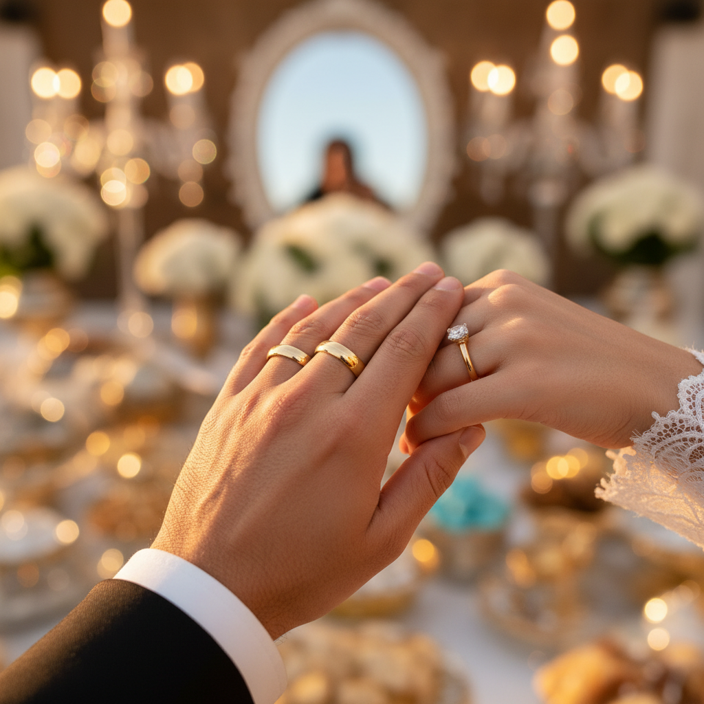 ژست عکس حلقه ازدواج و دستان عروس و داماد روی قرآن یا میز عقد