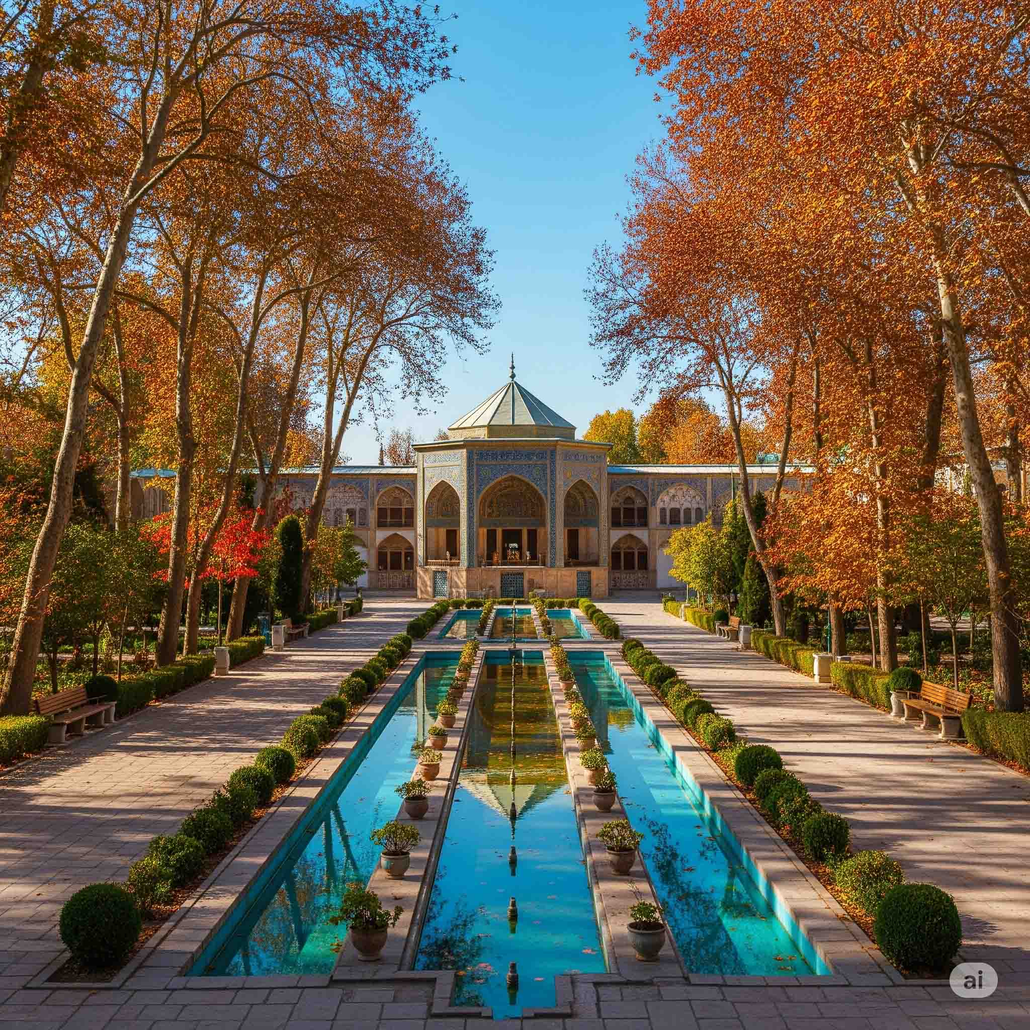 باغ ایرانی در پاییز با کوشک مرکزی، حوض‌های فیروزه‌ای و درختان بلند و خزان‌زده در اطراف