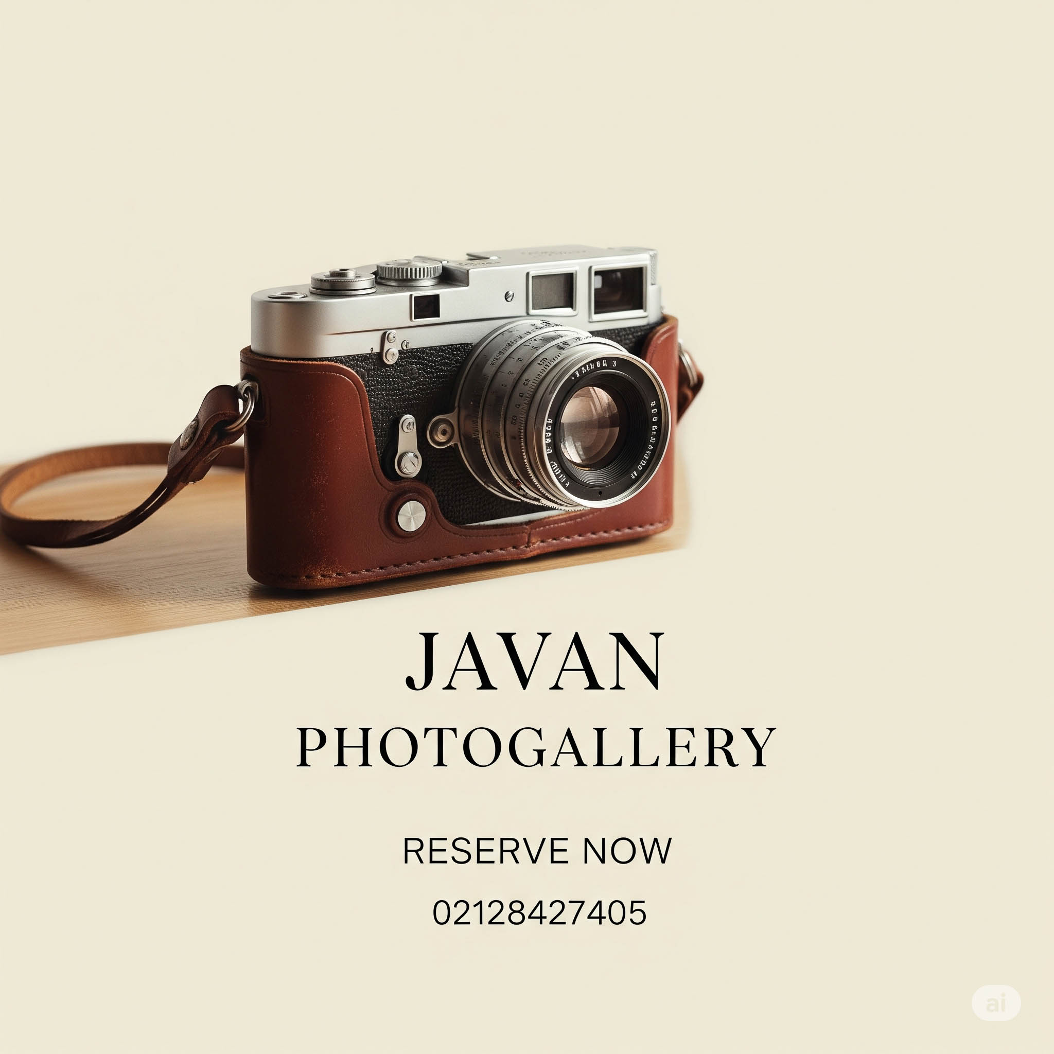 یک تصویر تبلیغاتی شیک و مینیمال برای "Javan Photogallery" با شماره تماس و دکمه رزرو، که یک دوربین عکاسی قدیمی روی پس‌زمینه‌ای کرم رنگ قرار دارد