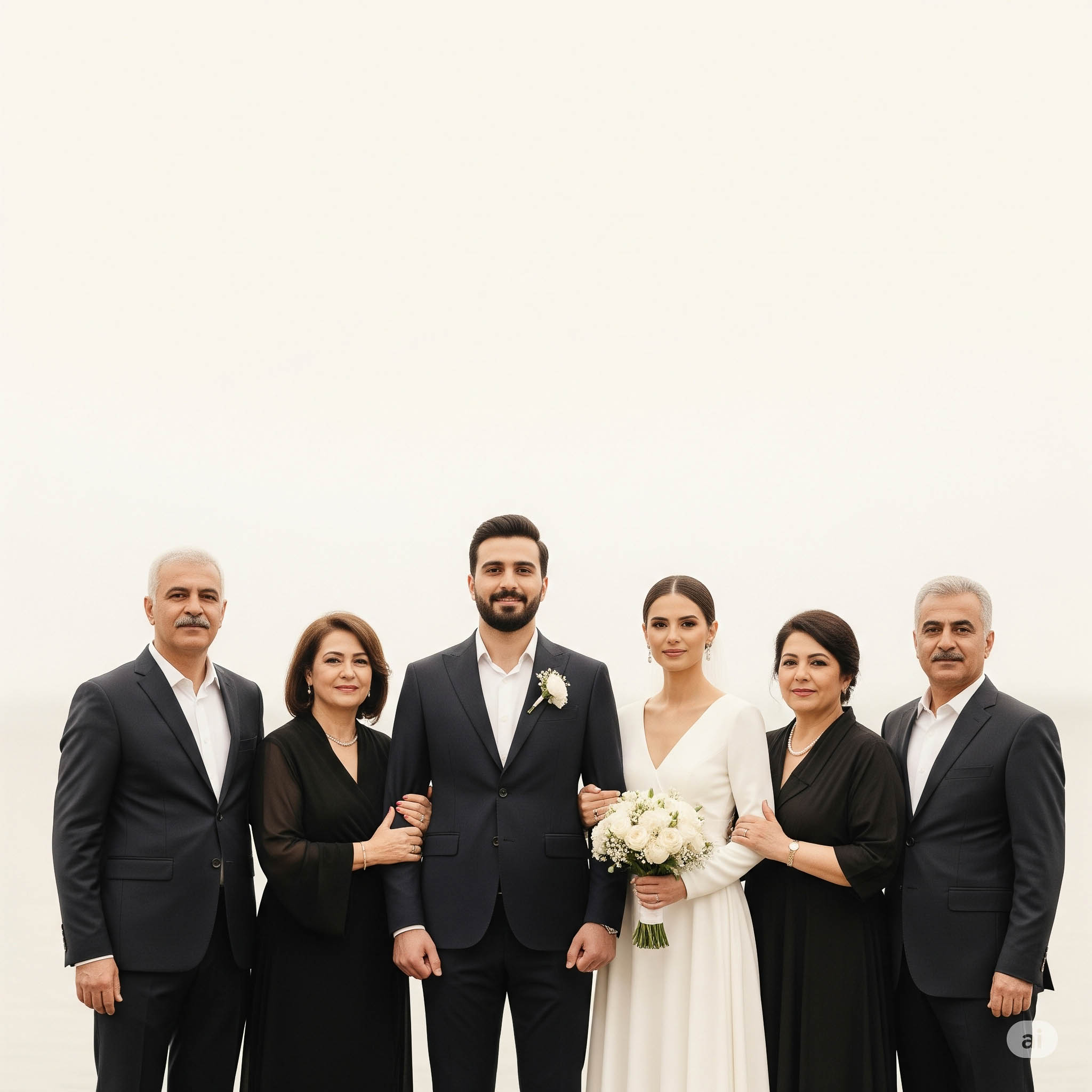 عکس گروهی شیک و مینیمال از یک زوج به همراه پدر و مادرهایشان با پس‌زمینه‌ای ساد